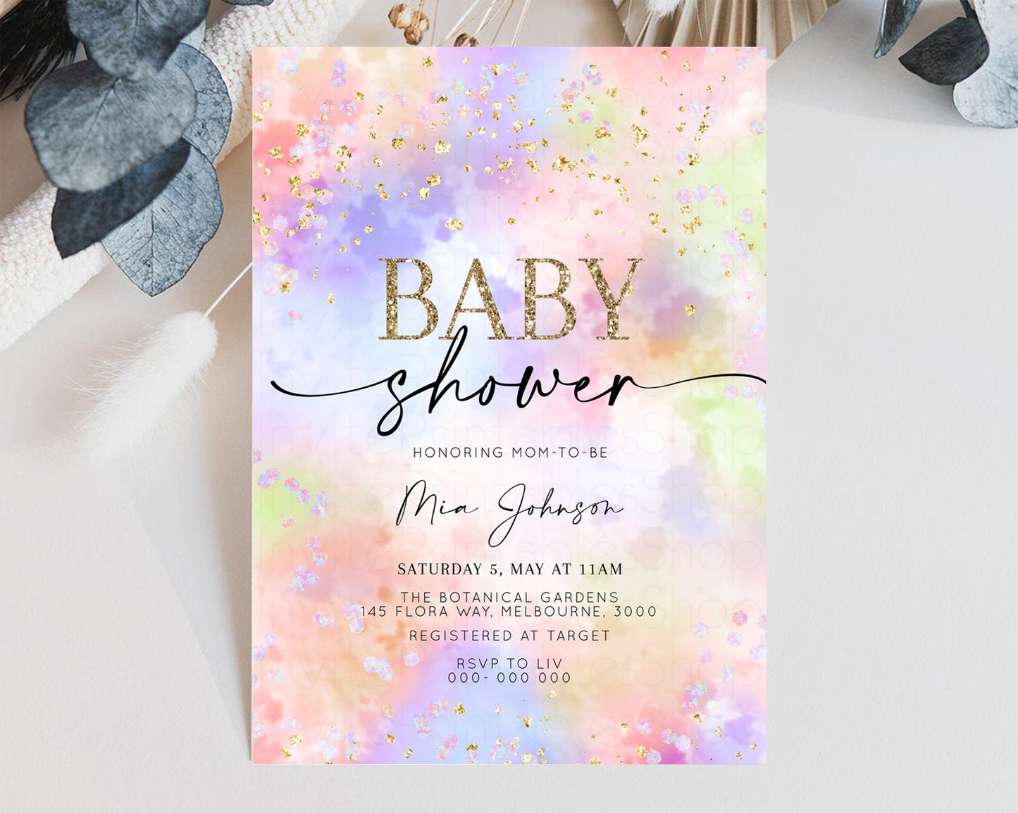 Rainbow Baby Shower Invitation Watercolor Pastel Invitation Colorful Splash Baby Invite Glitter Sprinkles Ombre Clouds Invite Whimsical K589