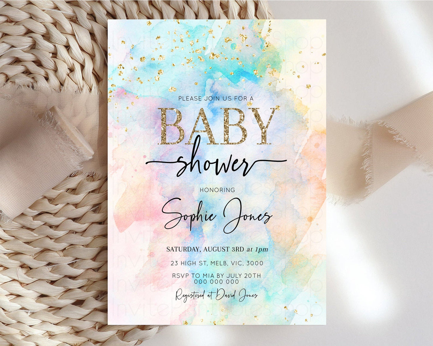 Rainbow Baby Shower Invitation Pastel Baby Sower Invitation Colorful Splash Invite Sprinkle Confetti Watercolor Ombre Baby Shower 276v3