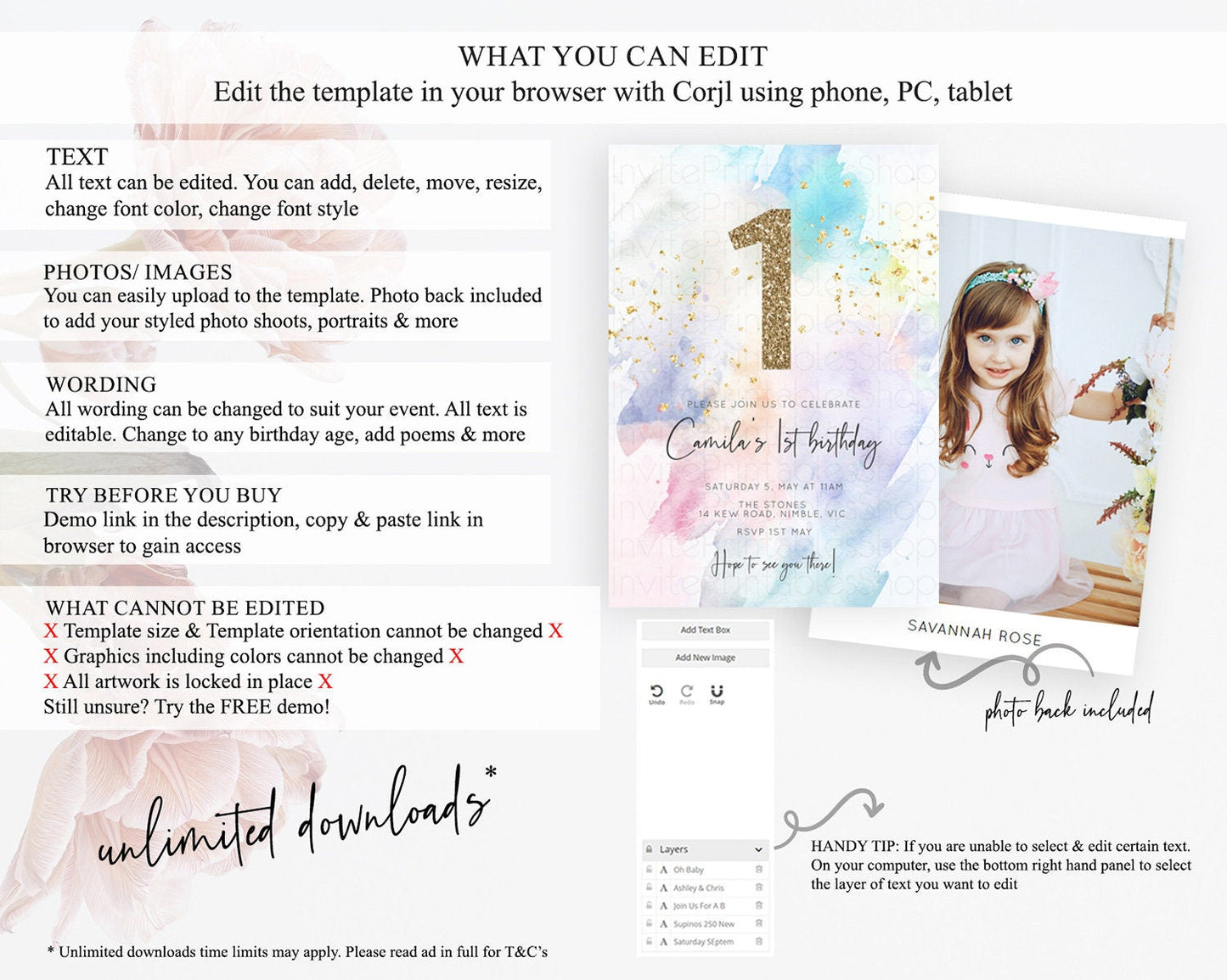 Rainbow Birthday Invitation Colorful Pastel Watercolor Invitation Gold Glitter Sprinkles Ombre Pastel 1st 2nd 3rd Birthday D10424