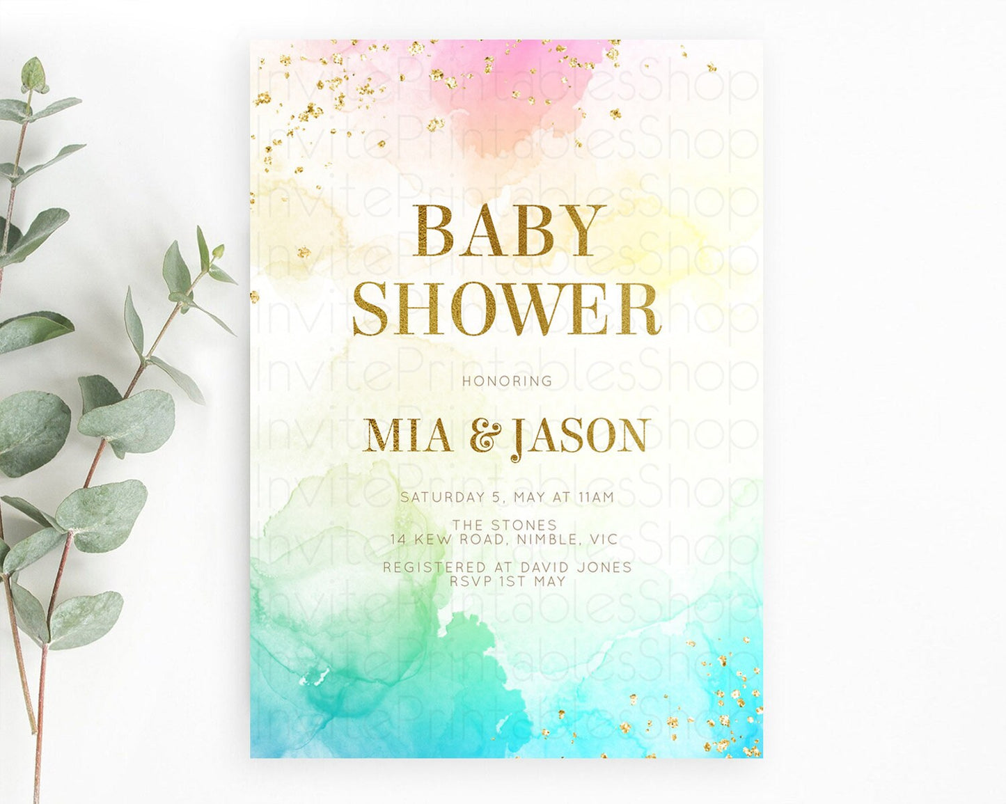 Pastel Baby Shower Invitation Rainbow Baby Shower Invitation Colorful Pastel Watercolor Invitation Gold Glitter Sprinkles Ombre D10770