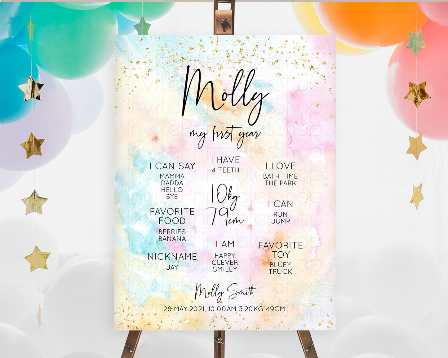 Pastel First Birthday Milestone Board Pastel Rainbow Milestone Poster Colorful Confetti Watercolor Glitter 1st Birthday Welcome Sign D10548