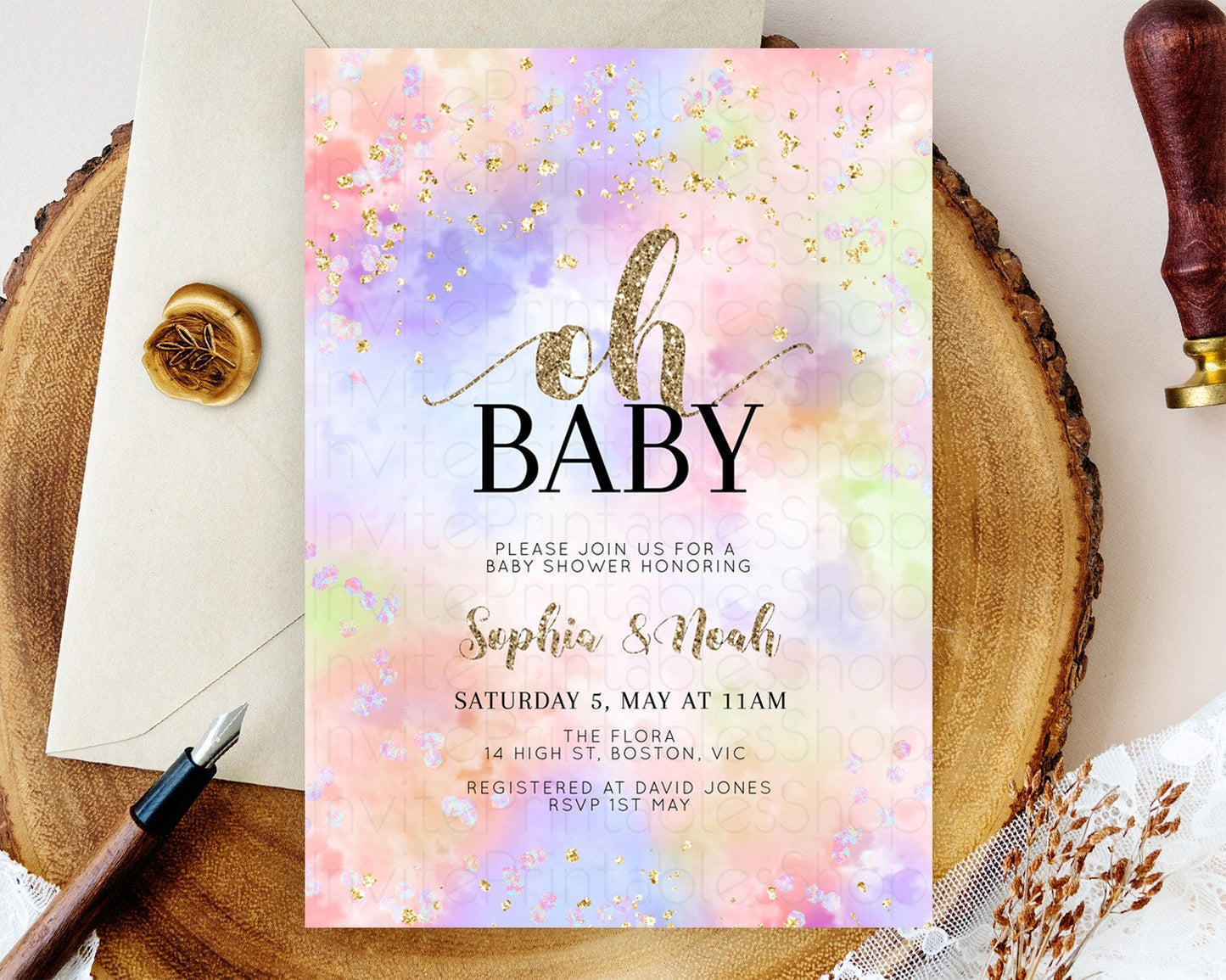 Pastel Baby Shower Invitation Rainbow Baby Shower Invitation Colorful Pastel Watercolor Invitation Gold Glitter Sprinkles Ombre D11019