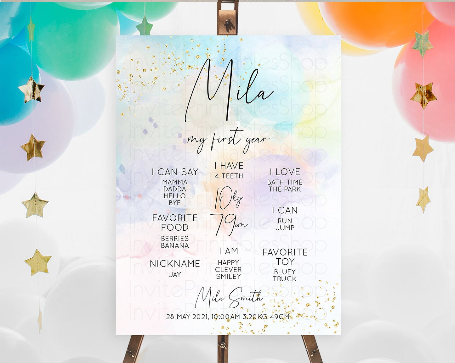 Pastel First Birthday Milestone Board Pastel Rainbow Milestone Poster Colorful Confetti Watercolor Glitter 1st Birthday Welcome Sign D10769