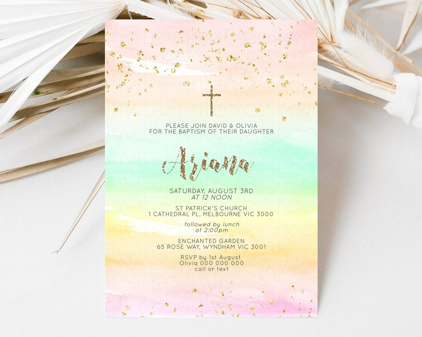 Rainbow Baptism invitation Pastel Orange Christening Invite Ombre Watercolor Invite Colors Yellow Pink Green Glitter Gold Cross Invite G581