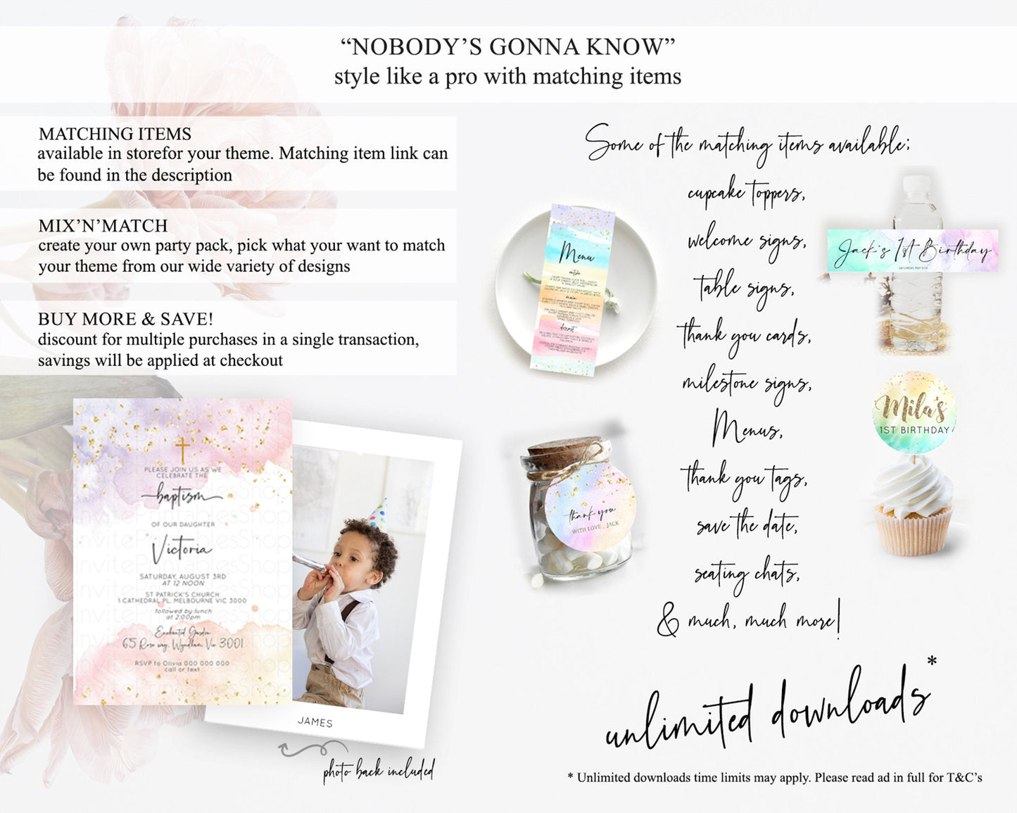 Pastel Baptism Invitation Pastel Colors Watercolor Baptism 1st Birthday Party Gold Ombre Pastel Rainbow Christening Holy Communion D10327