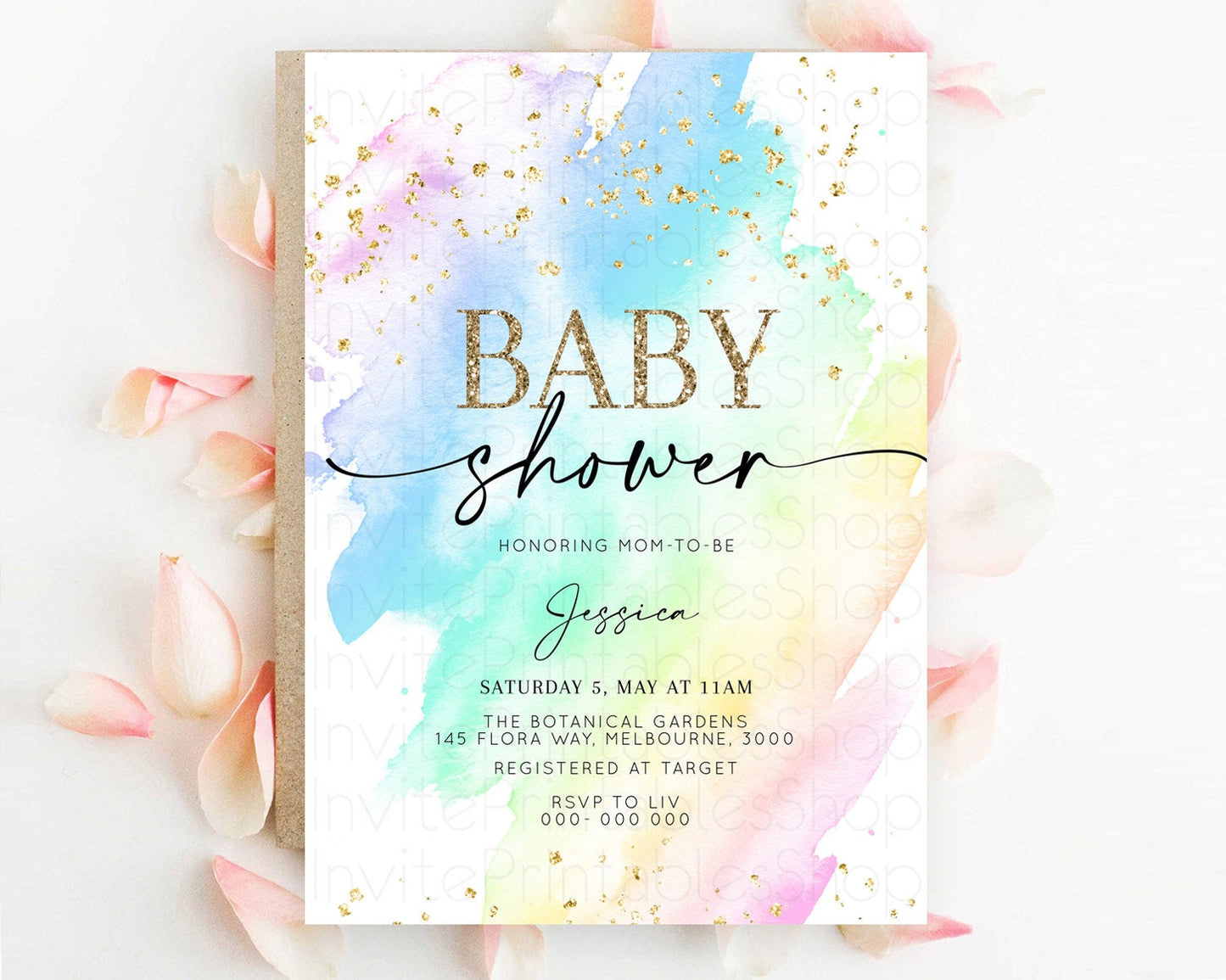 Pastel Baby Shower Invitation Rainbow Baby Shower Invitation Colorful Pastel Watercolor Invitation Gold Glitter Sprinkles Ombre D10640