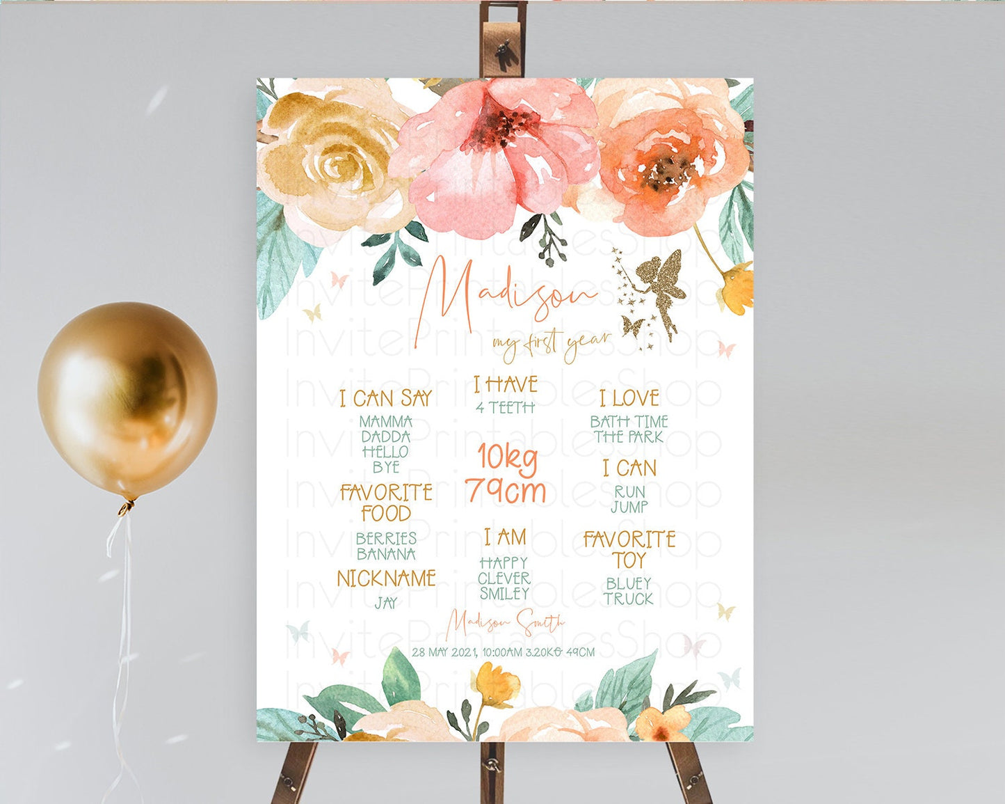 Fairy First Birthday Milestone Poster Fairy Secret Garden Milestone Board Enchanted Garden Pastel Floral Butterfly 1st Birthday Sign D10346