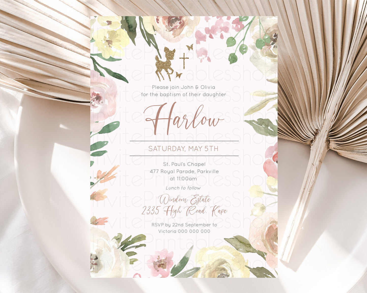 Fawn Baptism Invitation Deer Baptism 1st Birthday Invitation Enchanted Forest Christening Invitation Pastel Garden Butterfly Floral D10193