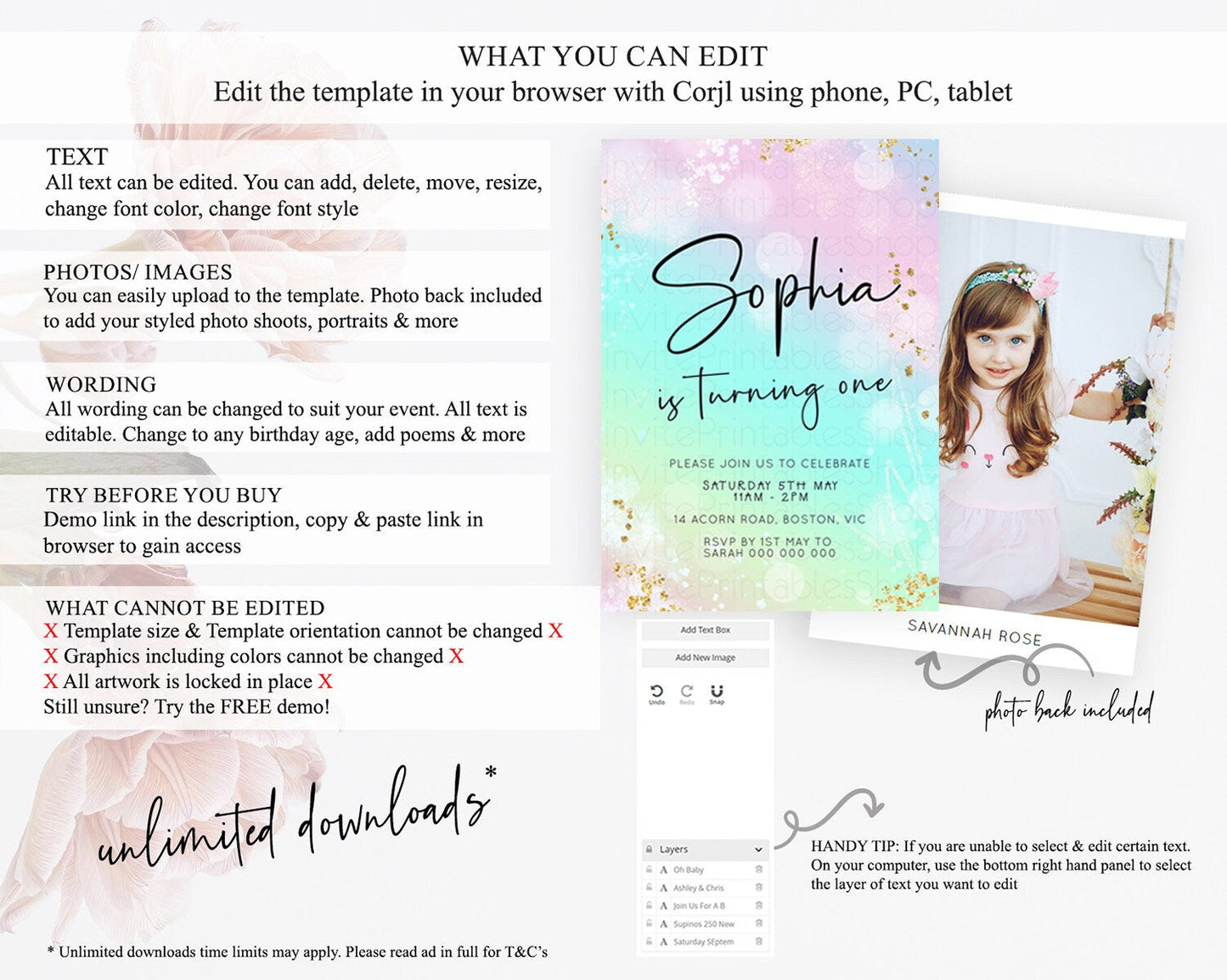 Pastel Birthday Invitation Ombre Watercolor Birthday Invitation Glitter Rainbow Color Splash 1st 2nd 3rd Birthday Invitation D23097