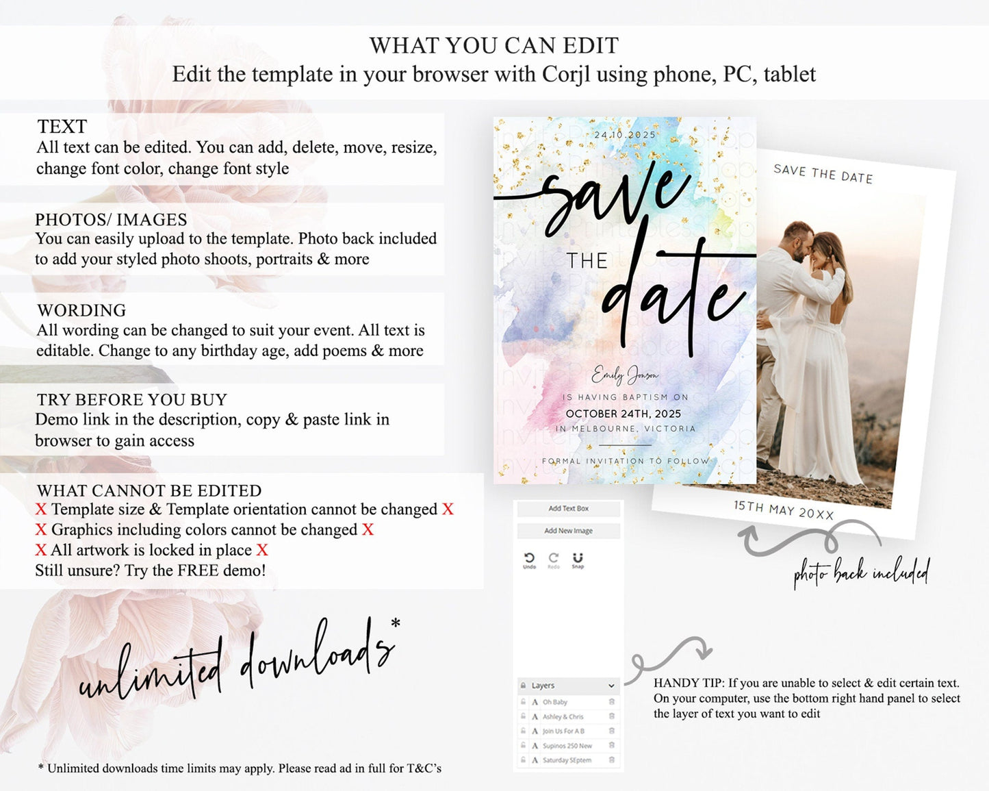 Pastel Save The Date Template Pastel Ombre Rainbow Watercolor Colorful Party For Birthday Baptism Baby Shower Wedding Bridal Shower D10424