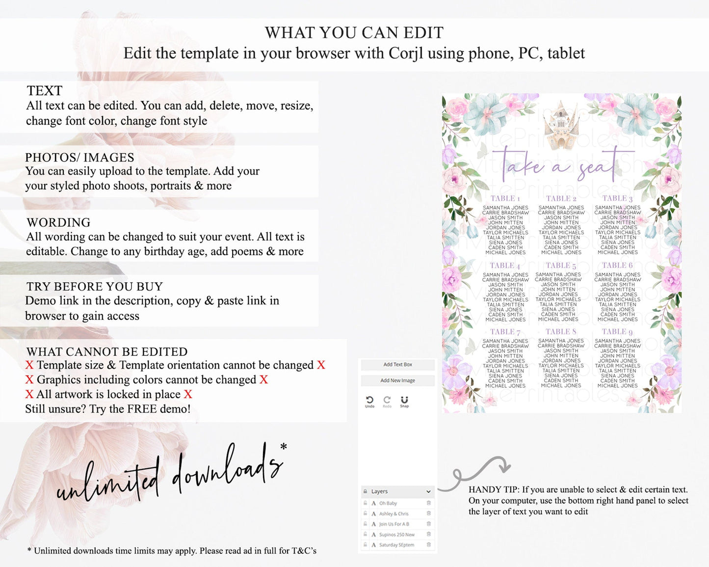 Princess Seating Chart Castle Seating Chart Royal Princess Decor Fairy Tale Enchanted Castle Pastel Floral Garden Table Number Sign D10471
