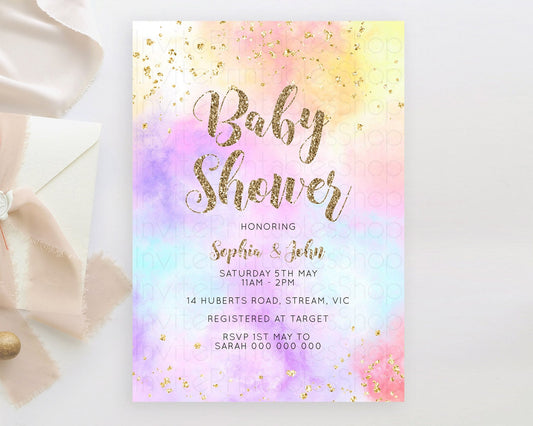 Editable Pastel Rainbow Baby Shower Invitation, Watercolor Splash, Confetti