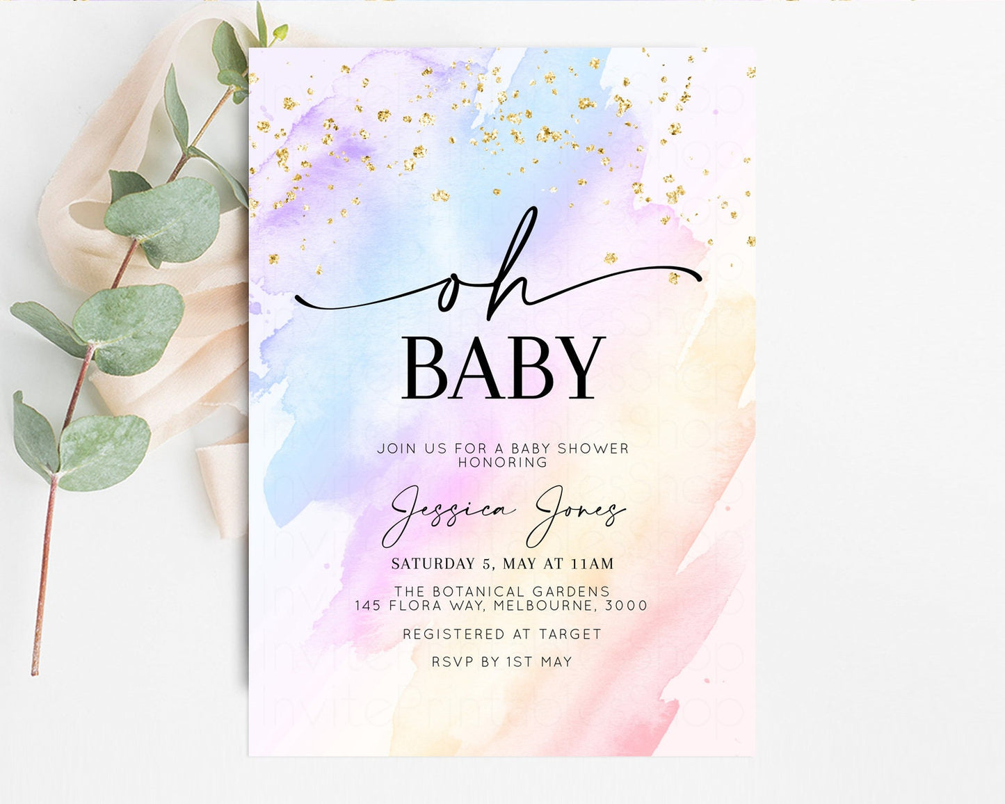 Rainbow Baby Shower Invitation Pastel Baby Shower Invitation Watercolor Ombre Invitation Rainbow Pastel Colors Invite Glitter Confetti t600