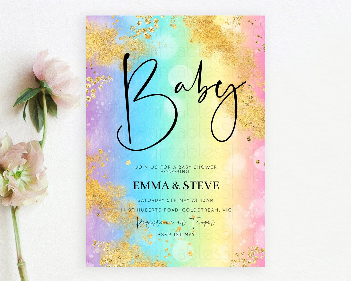 Pastel Baby Shower Invitation Rainbow Baby Shower Invitation Colorful Pastel Watercolor Invitation Gold Glitter Sprinkles Ombre D10559