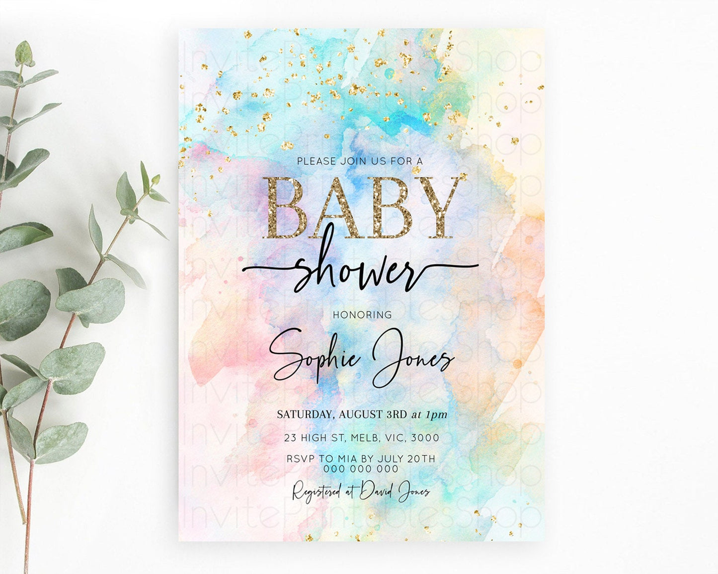 Pastel Baby Shower Invitation Rainbow Baby Shower Invitation Colorful Pastel Watercolor Invitation Gold Glitter Sprinkles Ombre D10260