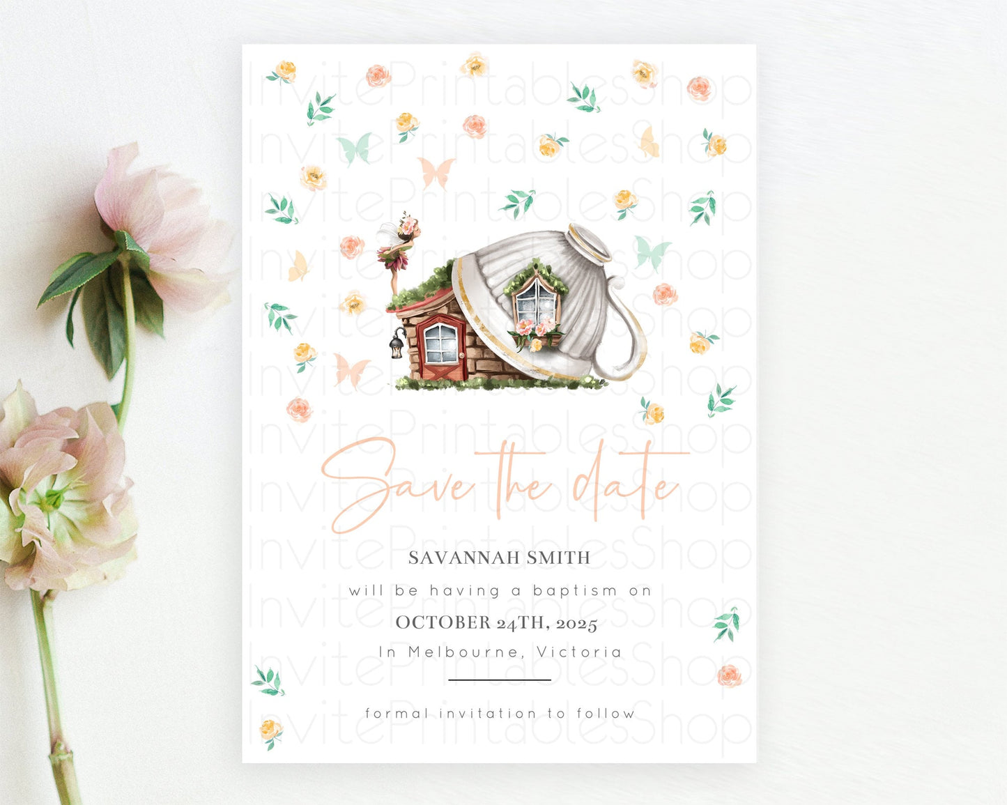 Fairy Save The Date Template Enchanted Garden Pastel Floral Butterfly Party Secret Garden Birthday Baptism Baby Shower Bridal Shower D10383