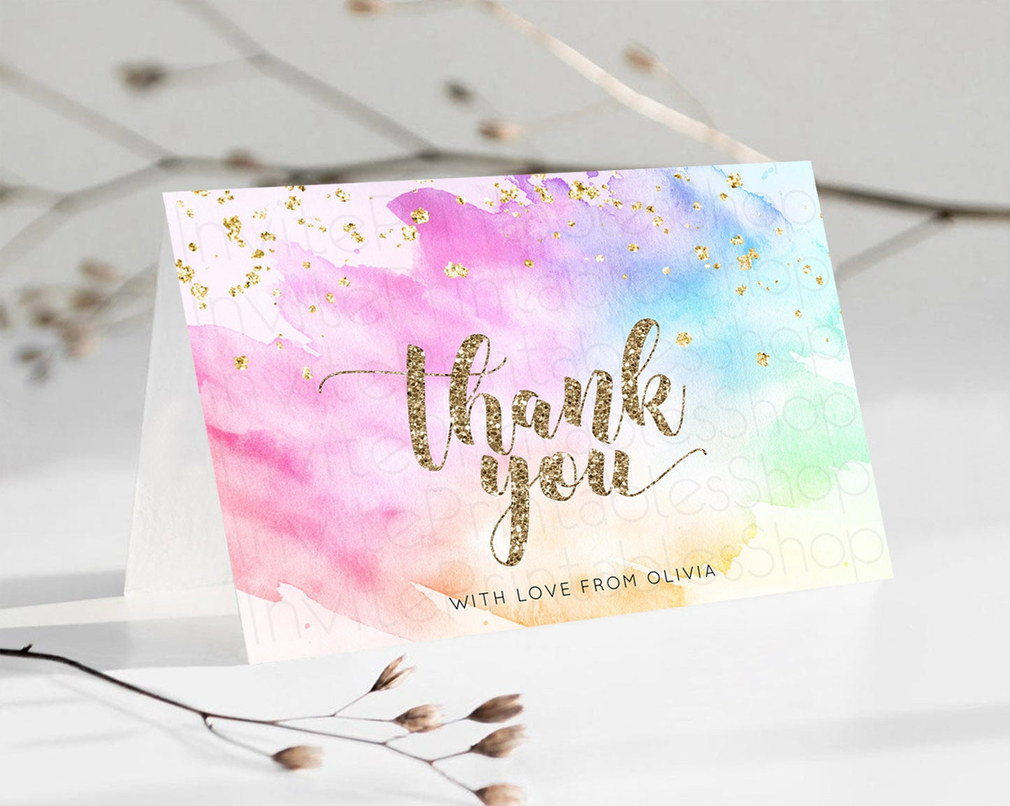 Pastel Thank You Rainbow Thank You Card Colorful Pastel Birthday Thank You Card Confetti Watercolor Pastel Teacher Thank You Cards D10450