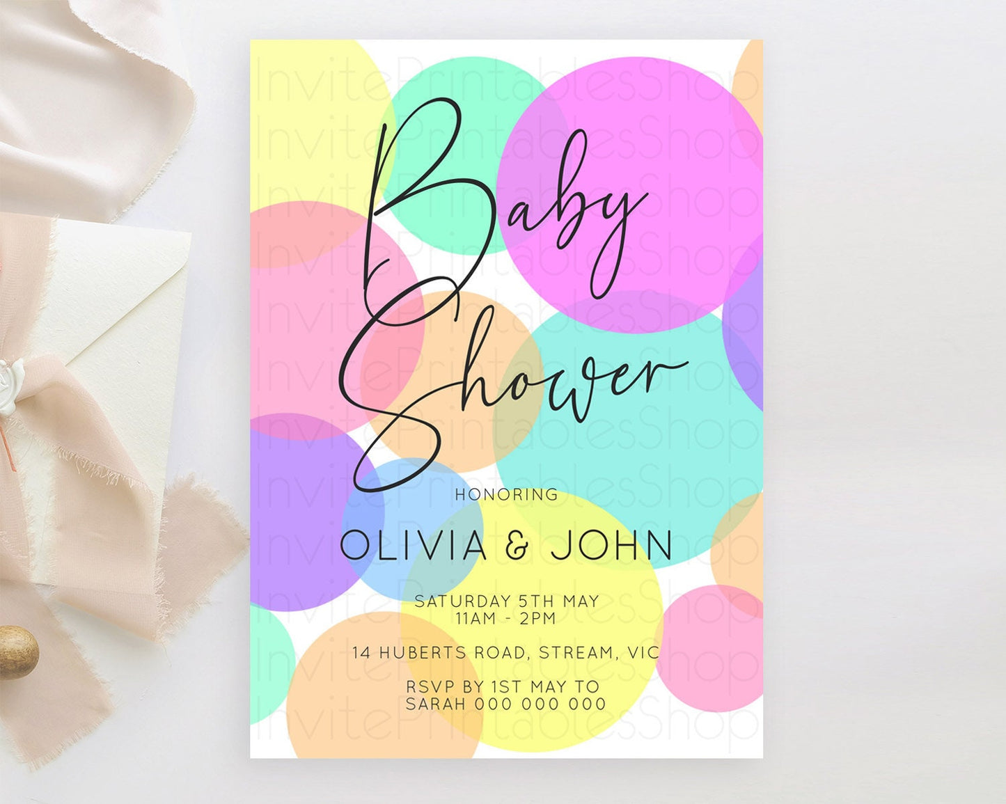 Pastel Rainbow Baby Shower Invitation: Confetti, Sprinkles, Bubbles, POP Theme, Colorful Rainbow Green, Purple, Yellow, and Orange D10888