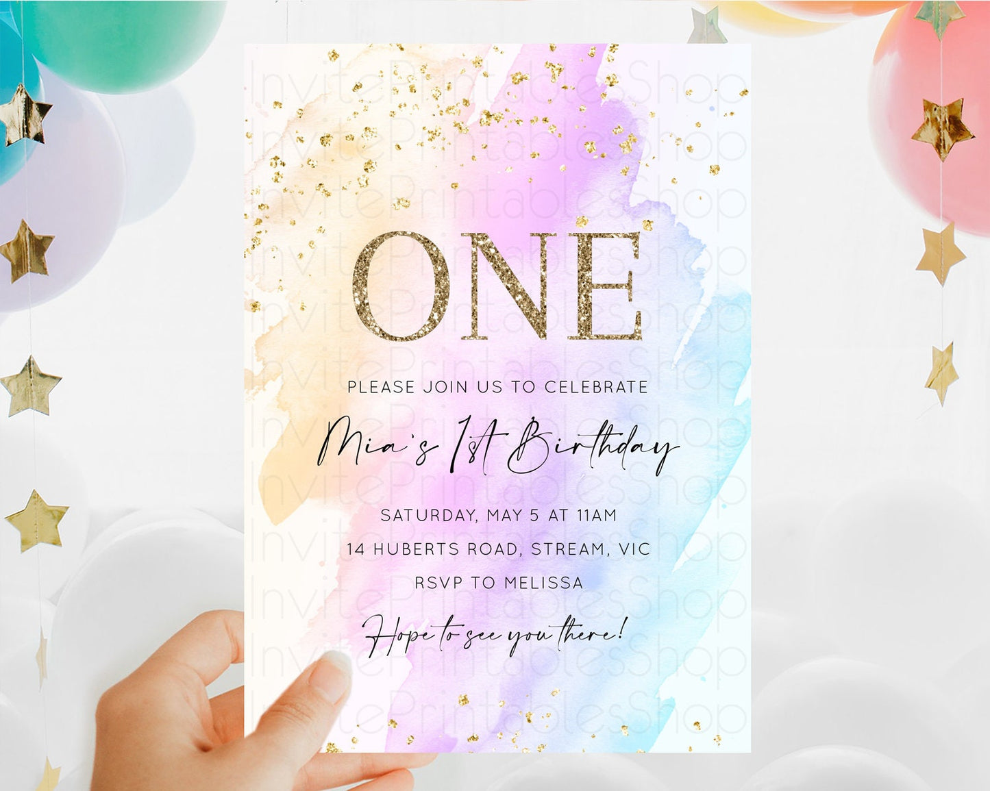 Rainbow Birthday Invitation Colorful Pastel Watercolor Invitation Gold Glitter Sprinkles Ombre Pastel 1st 2nd 3rd Birthday D10175