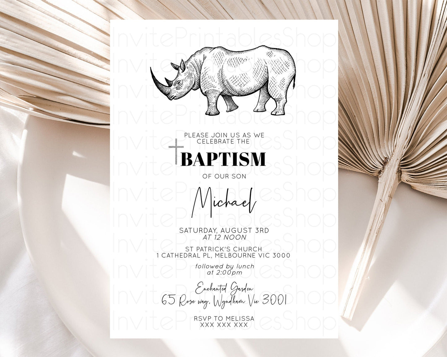 Rhino Baptism Invitation Rhino Baptism 1st Birthday Invitation Rhino Safari Adventure Christening Invitation Palm Leaf Invite Zoo D10253