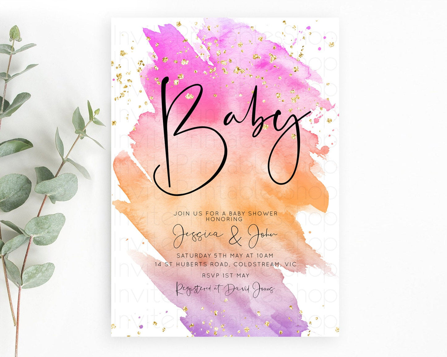 Pastel Baby Shower Invitation Rainbow Baby Shower Invitation Colorful Pastel Watercolor Invitation Gold Glitter Sprinkles Ombre D10488