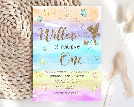 Pastel Fairy Birthday Invitation Pastel Butterflies Fairy Birthday Invitation Rainbow Ombre Watercolor 1st 2nd Birthday Invitation D23318