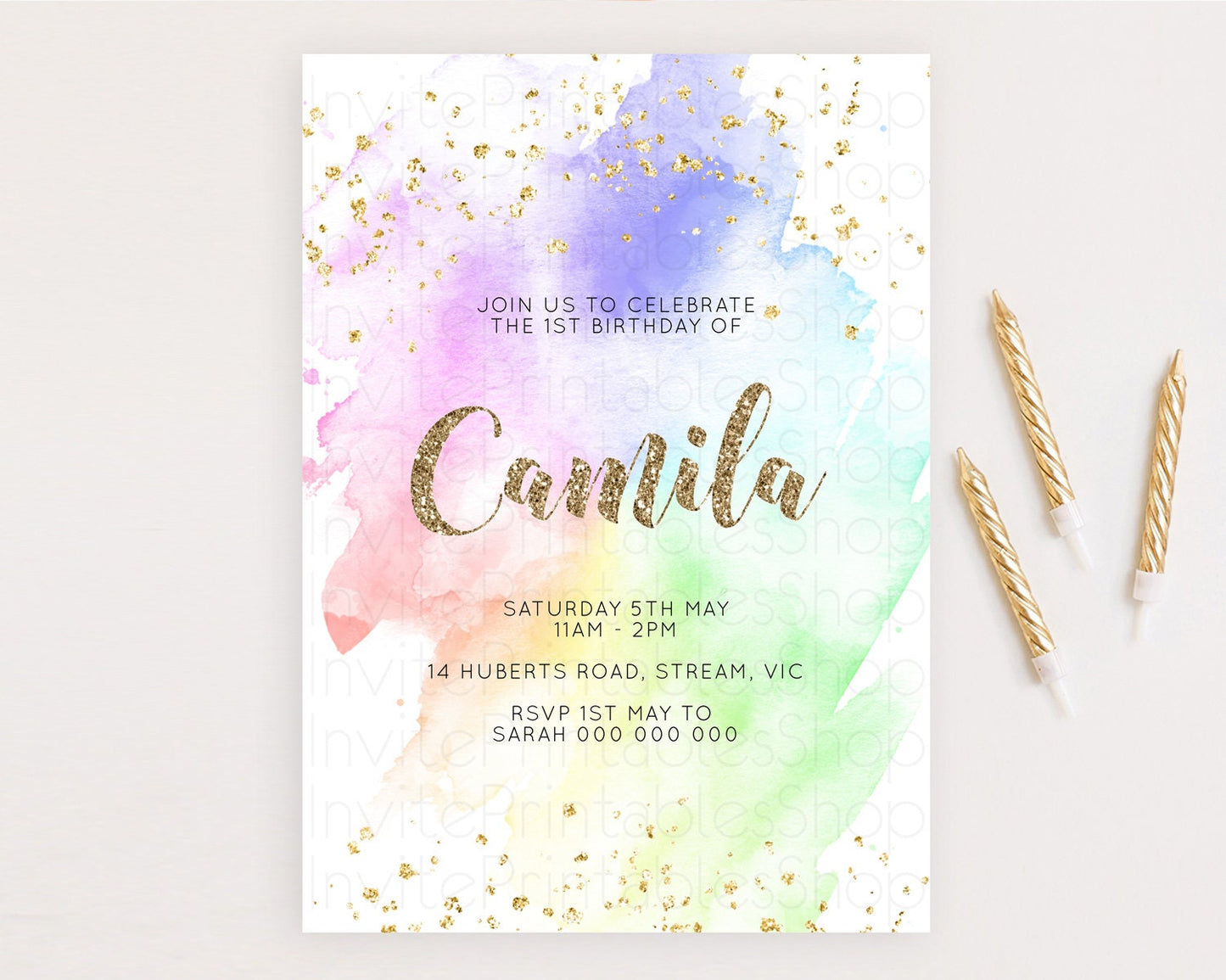 Rainbow Birthday Invitation Colorful Pastel Watercolor Invitation Gold Glitter Sprinkles Ombre Pastel 1st 2nd 3rd Birthday D10319