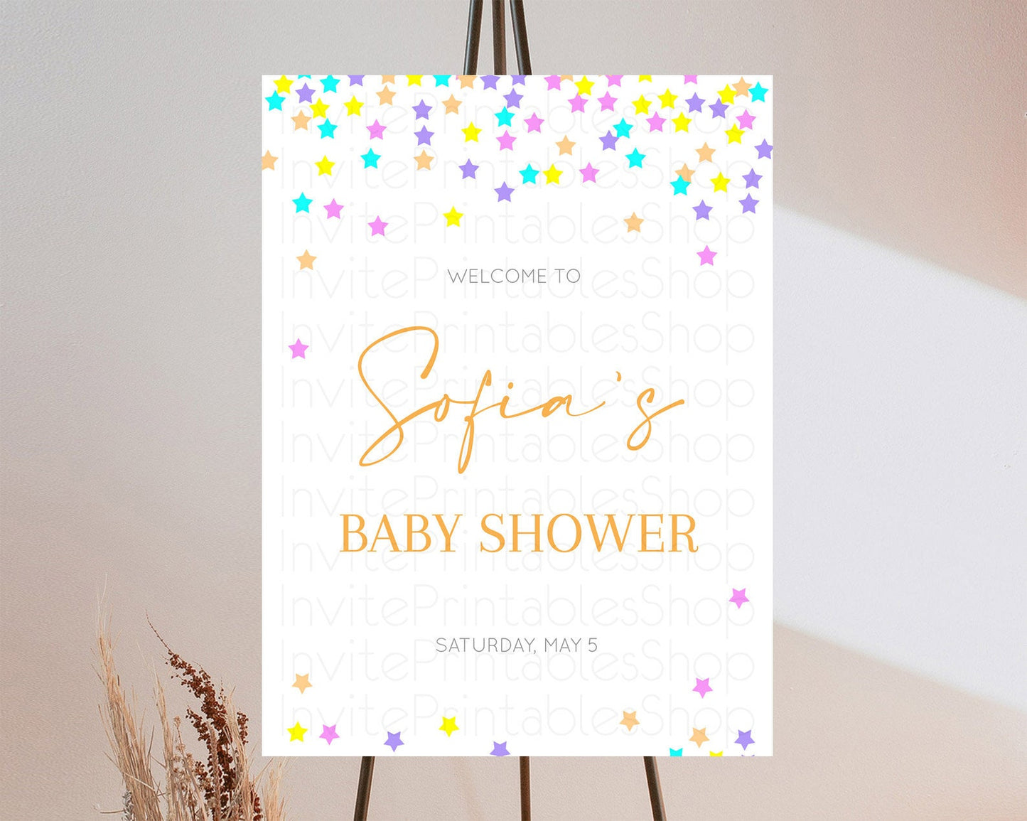 Star Baby Shower Welcome Board Pastel Stars Welcome Sign Shooting Star Rainbow Colorful Confetti Twinkle Little Star Welcome Sign D10397