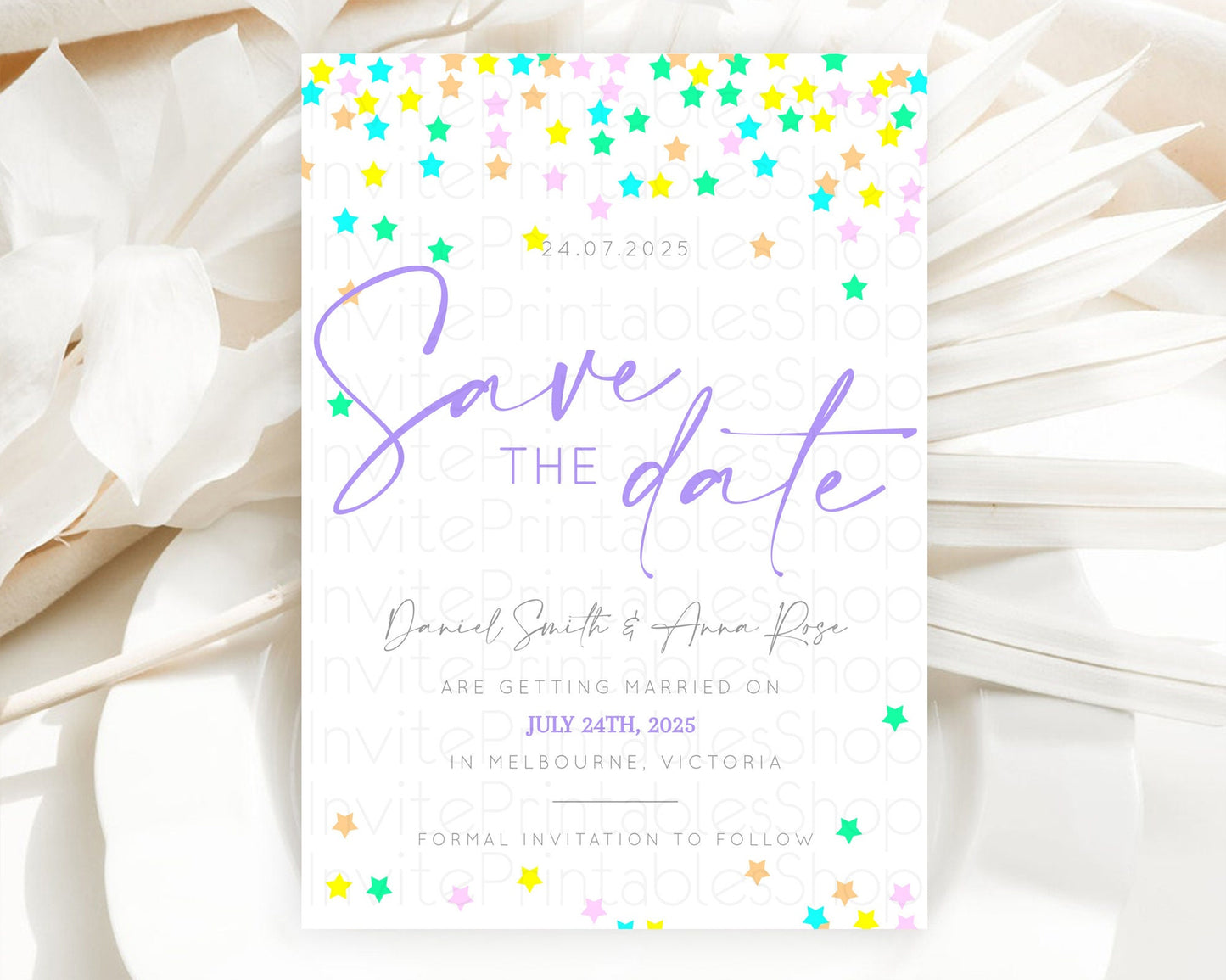 Twinkle Stars Save The Date Template Pastel Twinkle Little Star Party Shooting Star Confetti Sprinkles Birthday Baptism Baby Shower D10395