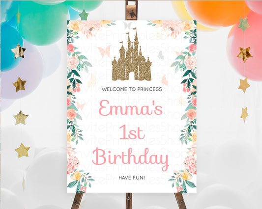 Princess Birthday Welcome Sign Castle Welcome Board Secret Garden Enchanted Castle Pastel Floral Garden First Birthday Welcome Sign D10429