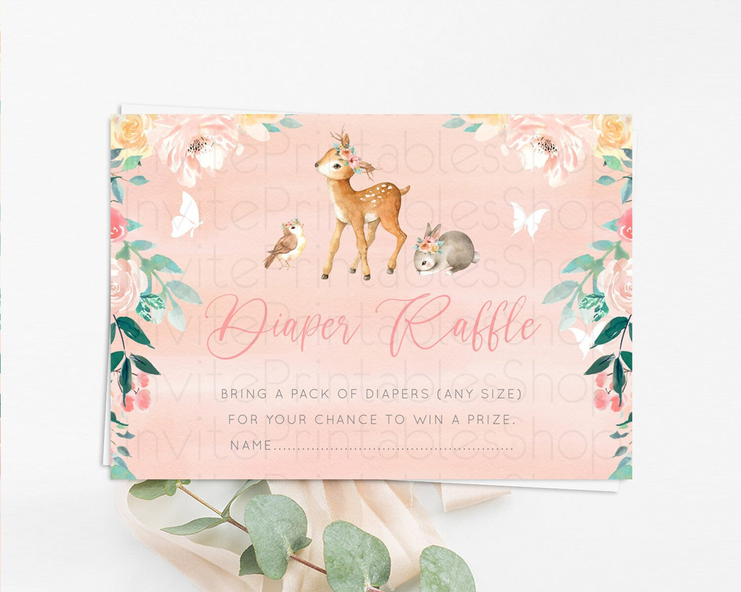 Fawn Diaper Raffle Card Deer Diaper Insert Floral Deer Diaper Ticket Enchanted Forest Butterfly Pastel Baby Shower Raffle Game D10921