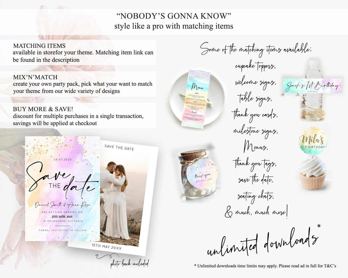 Pastel Save The Date Template Pastel Ombre Rainbow Watercolor Colorful Party For Birthday Baptism Baby Shower Wedding Bridal Shower D10175