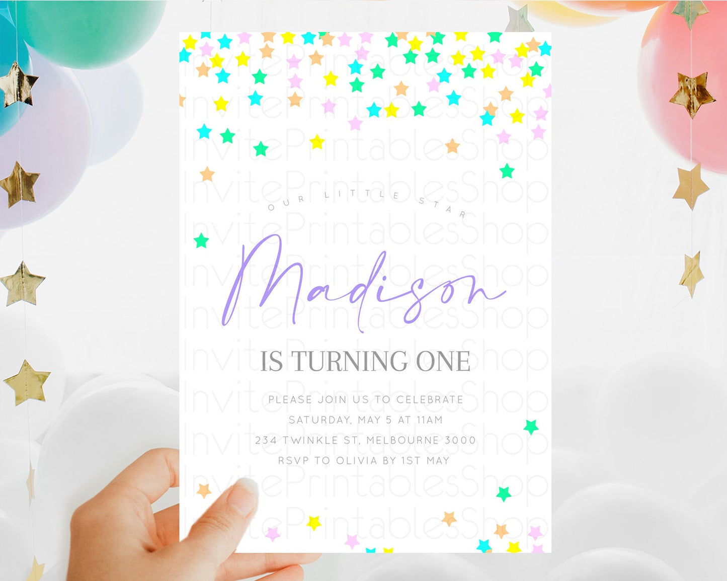 Star Birthday Invitation Pastel Stars Invite Shooting Star Party Rainbow Colorful Confetti Twinkle Little Star 2nd First Birthday D10395