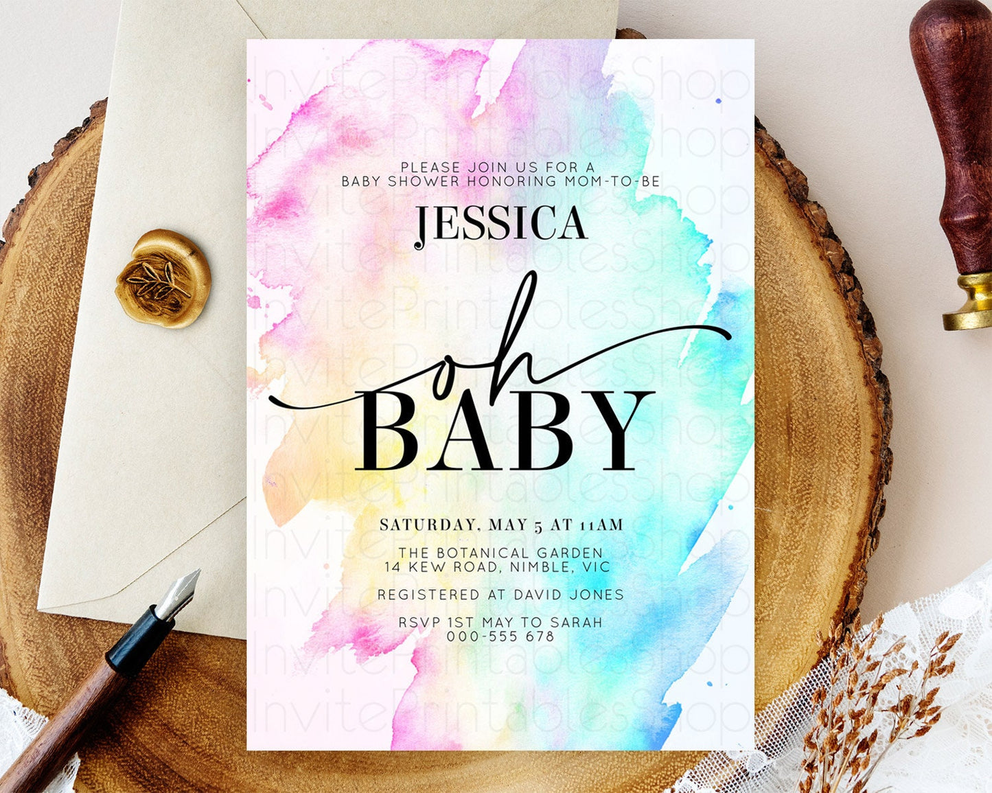 Pastel Baby Shower Invitation Rainbow Baby Shower Invitation Colorful Pastel Watercolor Invitation Gold Glitter Sprinkles Ombre D11020