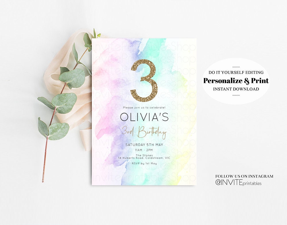 Pastel Rainbow Birthday Invitation Colorful Watercolor Splash Ombre Ink Paint Art Purple Pink Blue Yellow Modern Gold Printable Invite