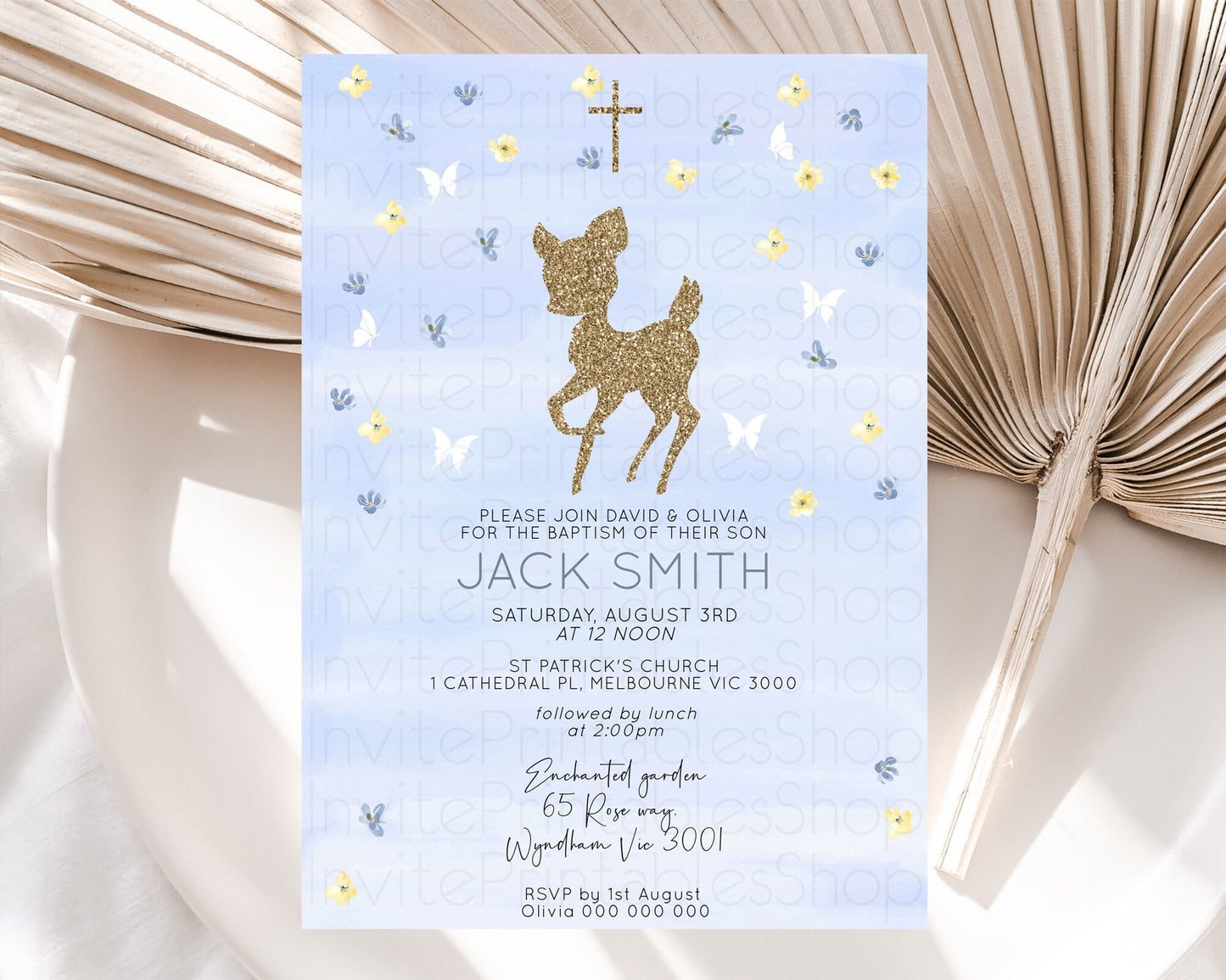 Fawn Baptism Invitation Deer Baptism 1st Birthday Invitation Enchanted Forest Christening Invitation Pastel Garden Butterfly Floral D10863