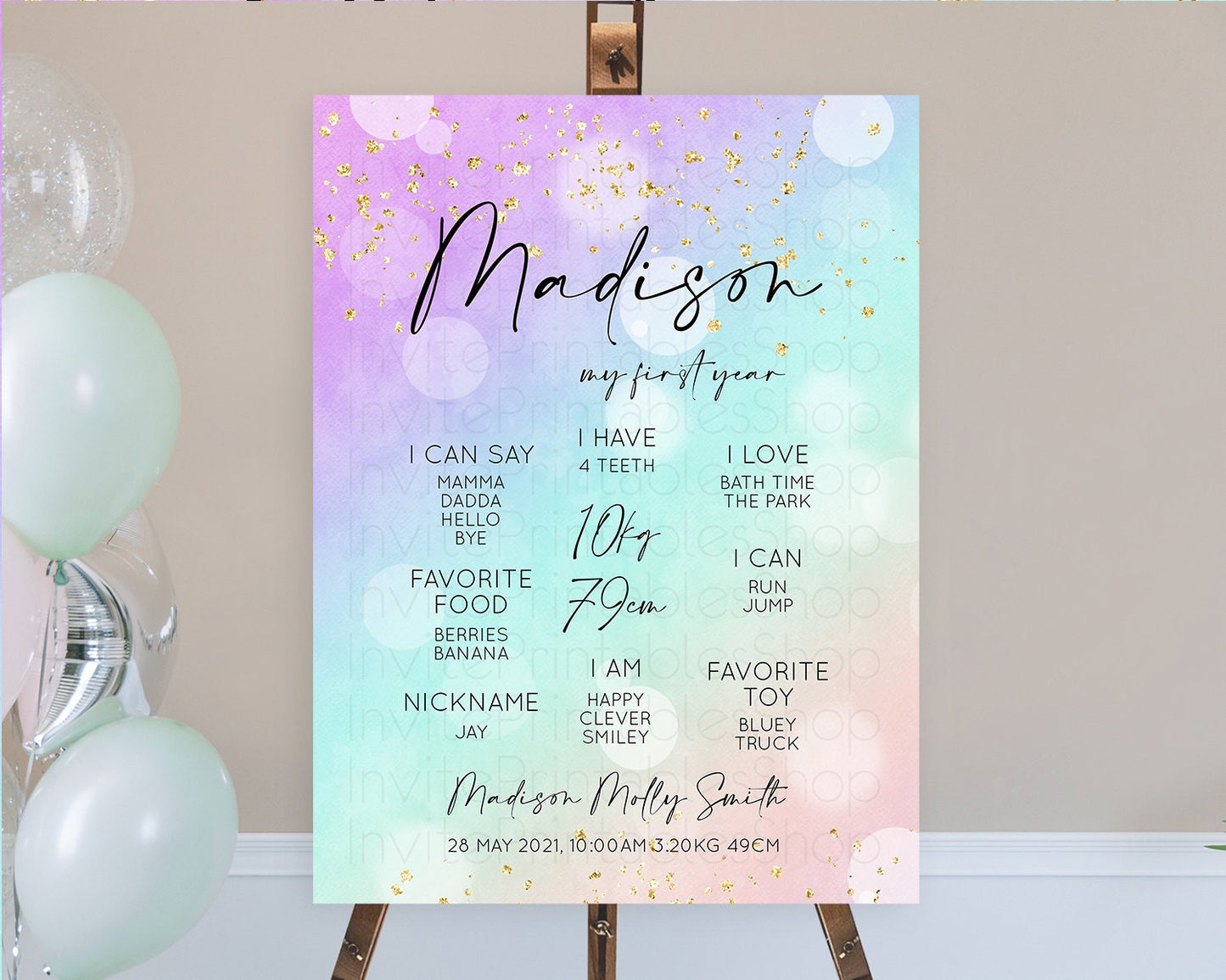Pastel First Birthday Milestone Board Pastel Rainbow Milestone Poster Colorful Confetti Watercolor Glitter 1st Birthday Welcome Sign D10618