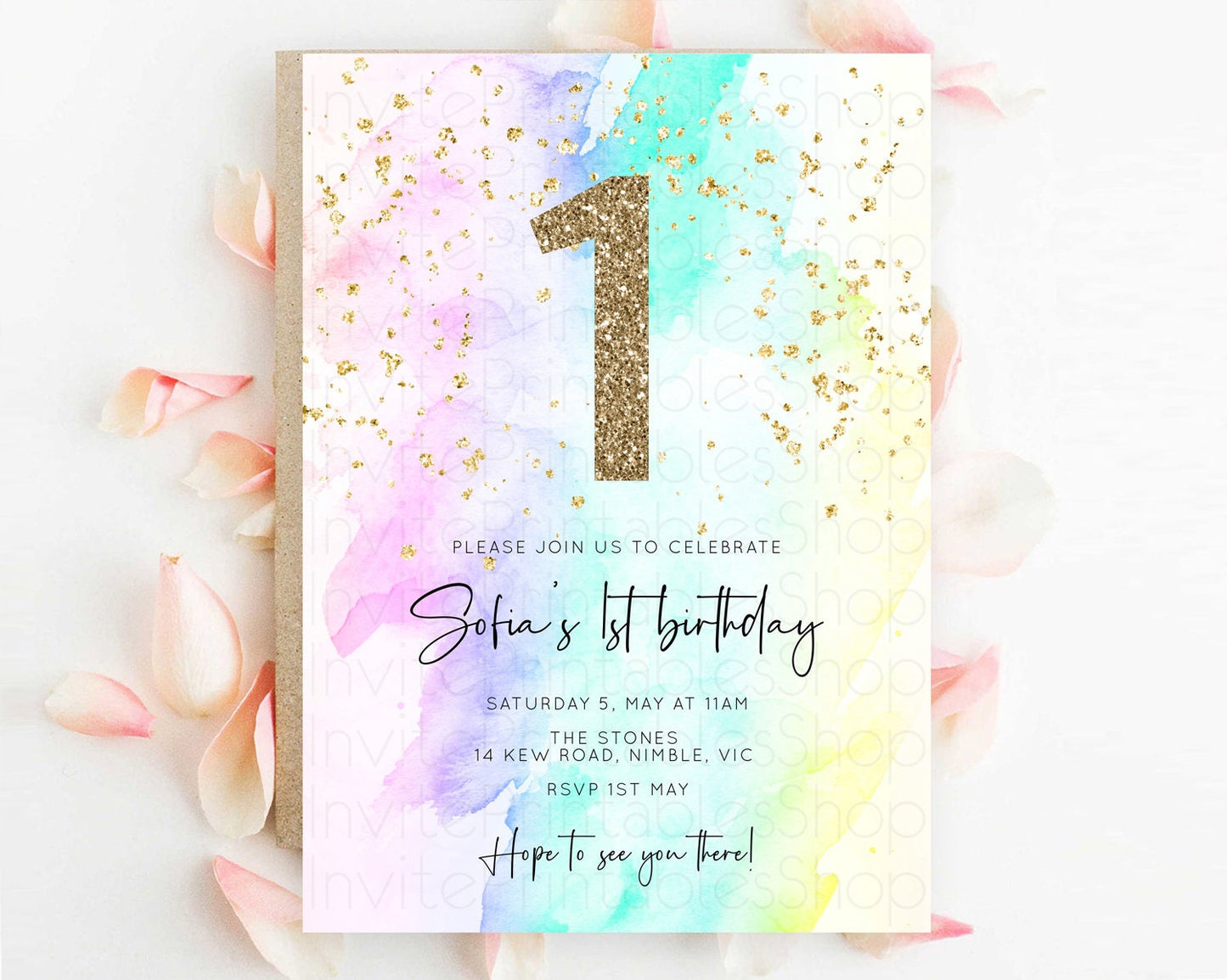 Editable Rainbow Birthday Invitation Colorful Pastel Watercolor Invitation G