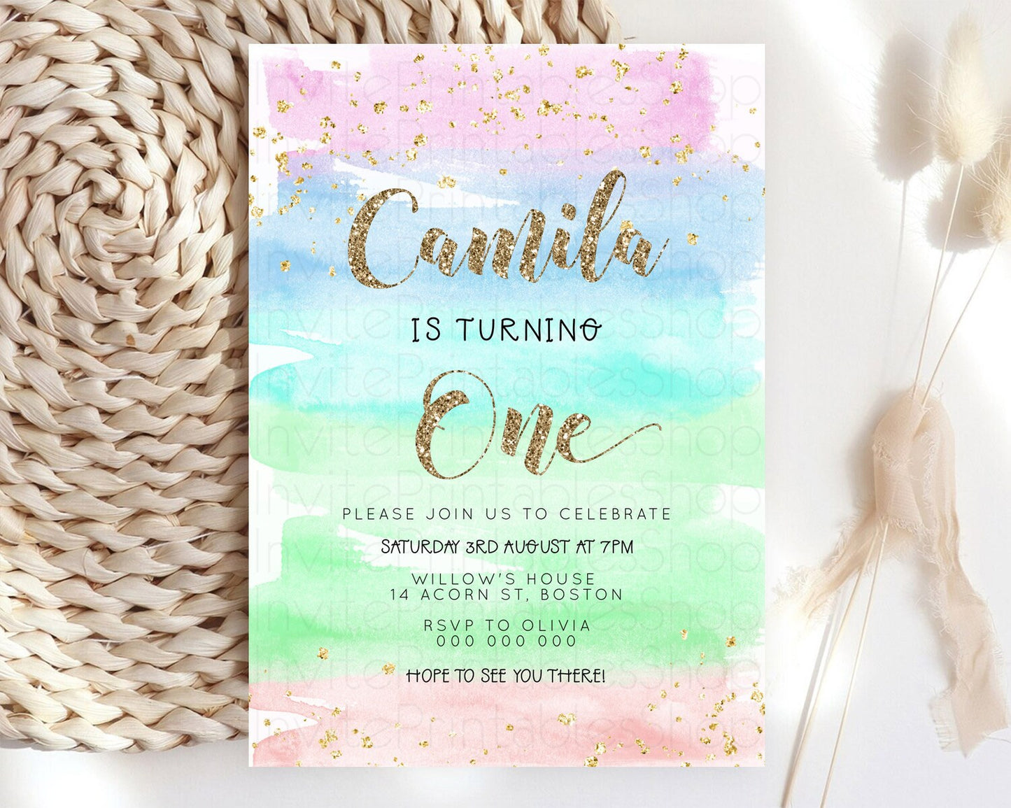 Rainbow Birthday Invitation Colorful Pastel Watercolor Invitation Gold Glitter Sprinkles Ombre Pastel 1st 2nd 3rd Birthday D23273