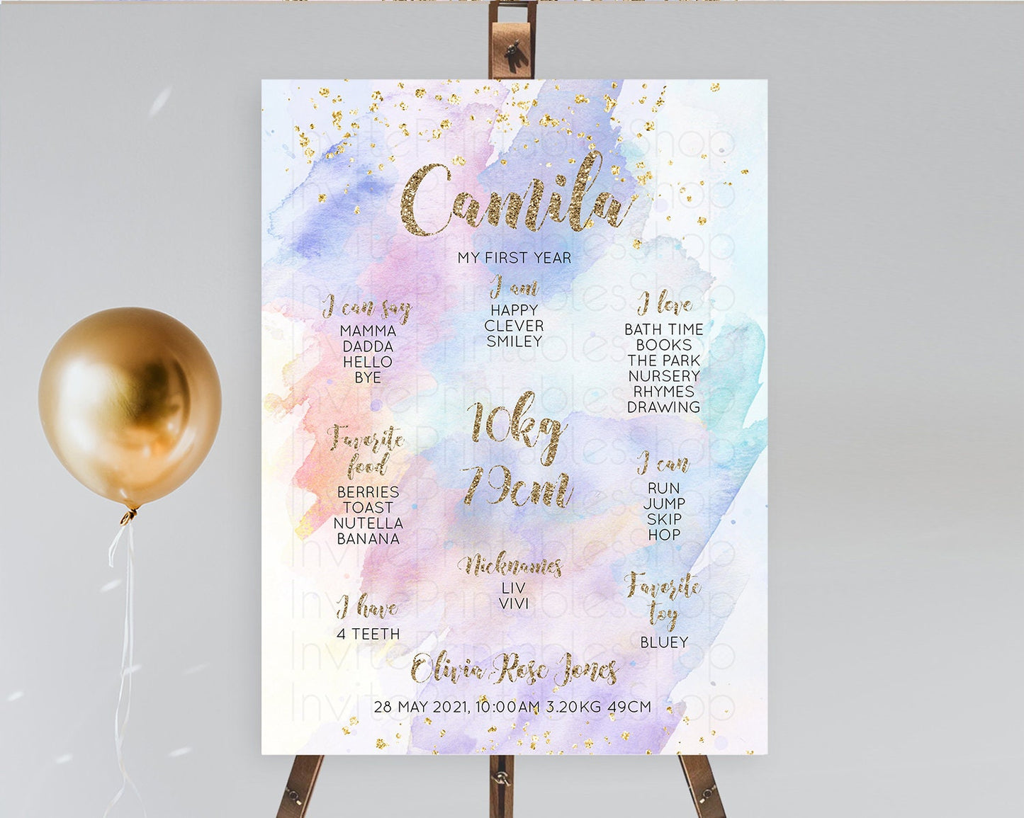 Pastel First Birthday Milestone Board Pastel Rainbow Milestone Poster Colorful Confetti Watercolor Glitter 1st Birthday Welcome Sign D10583