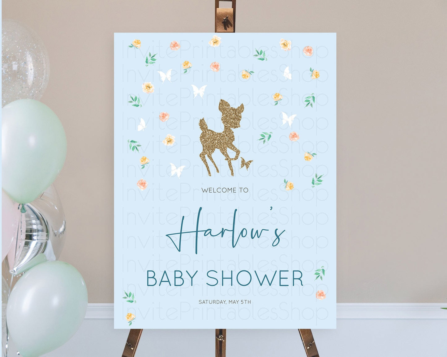 Fawn Baby Shower Welcome Sign Deer Welcome Board Floral Deer Welcome Poster Enchanted Forest Butterfly Pastel Floral Welcome Sign D10902