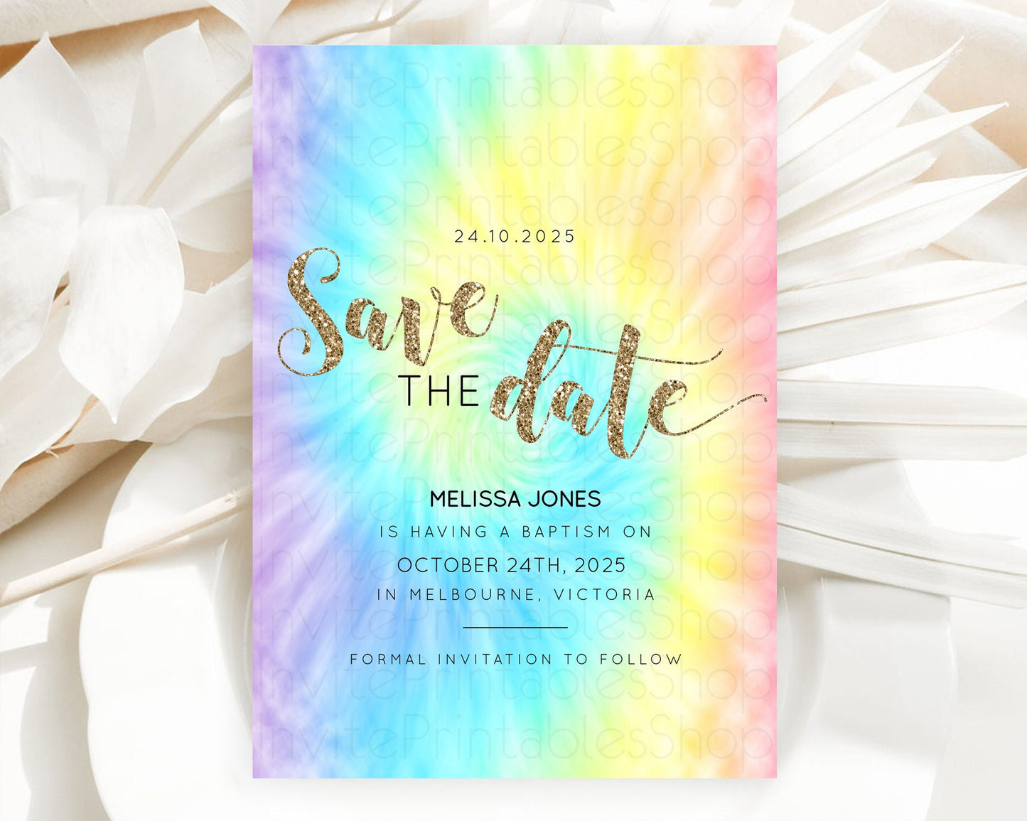 Tie Dye Save The Date Template Rainbow Pastel Ombre Watercolor Party For 1st Birthday Baptism Baby Shower Bridal Shower Wedding D10580