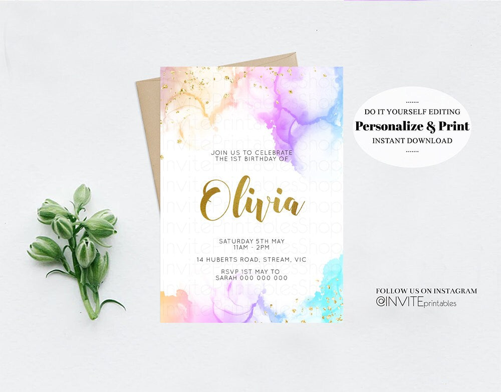 Pastel Rainbow Birthday Invitation Colorful Watercolor Splash Ombre Ink Paint Purple Pink Blue Confetti Gold Glitter Sprinkles Printable