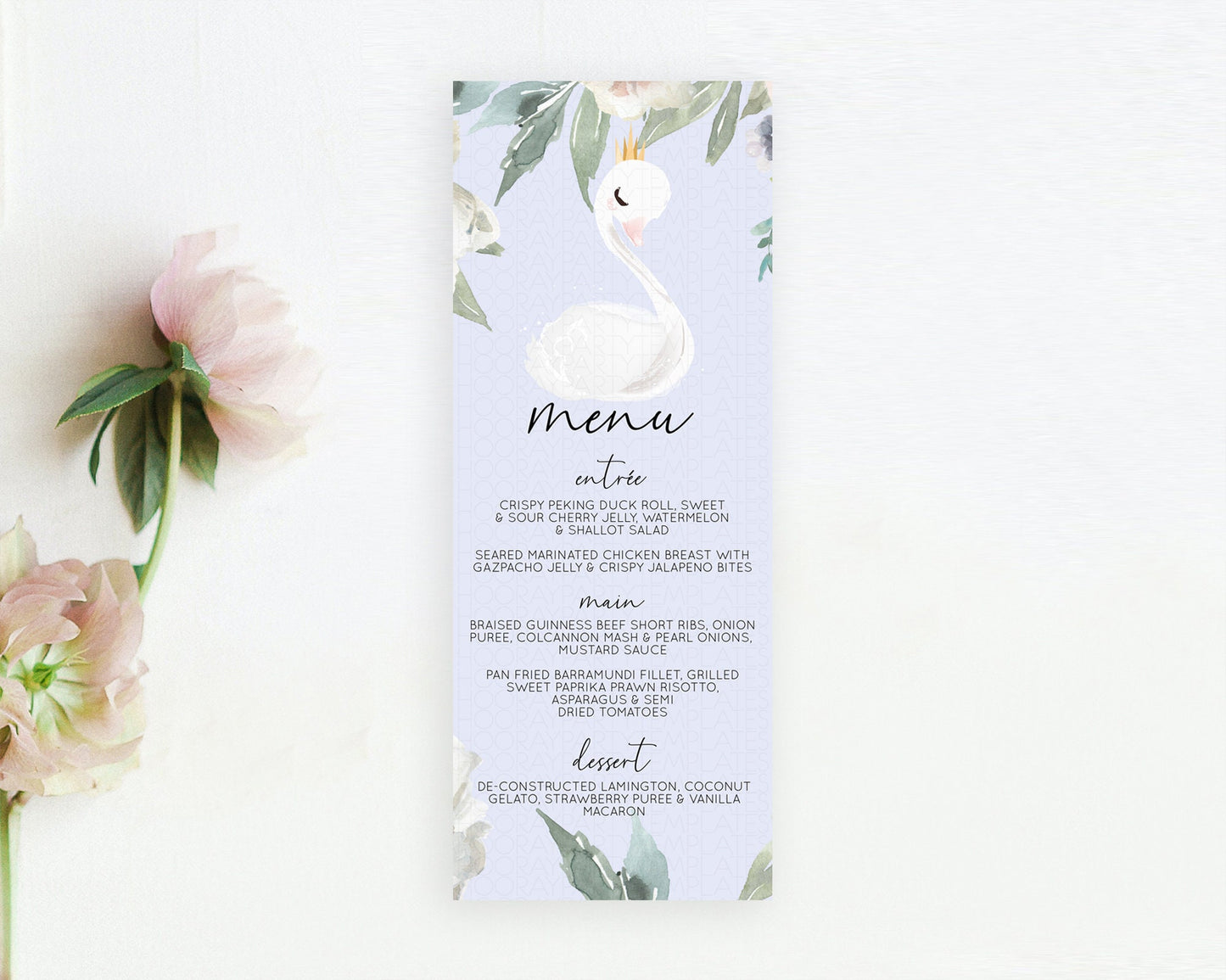 Swan Menu Swan Princess Ballet Menu Template Enchanted Swan Lake Table Decor Secret Garden Pastel Floral Dinner Dessert Food Menu  D10756