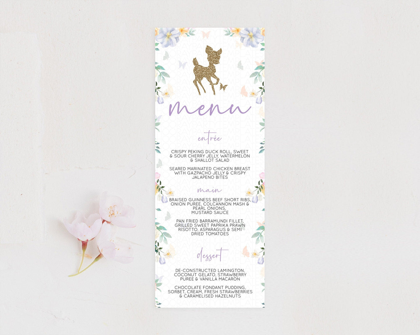 Fawn Menu Deer Menu Template Pastel Floral Deer Table Decor Enchanted Forest Butterfly Floral Dinner Dessert Menu Party Food Menu D10477