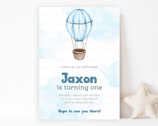 Hot Air Balloon Birthday Invitation Hot Air Balloon Invites Adventure Awaits Up Up & Away Glitter Blue Watercolor 1st Birthday Boy D10321