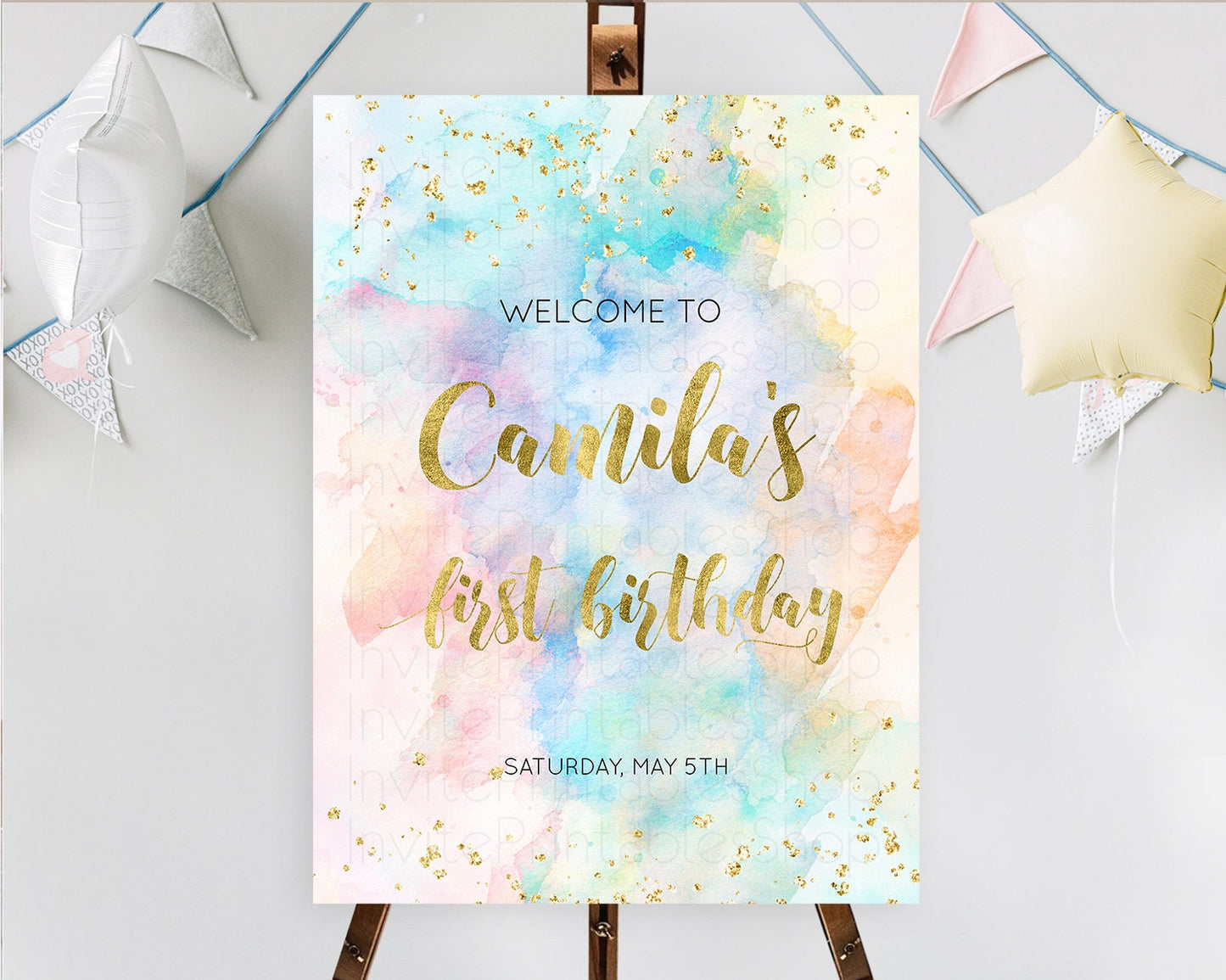 Pastel Welcome Sign Pastel Rainbow Welcome Sign Colorful Rainbow Confetti Watercolor Glitter Pastel First Birthday Welcome Sign D10272