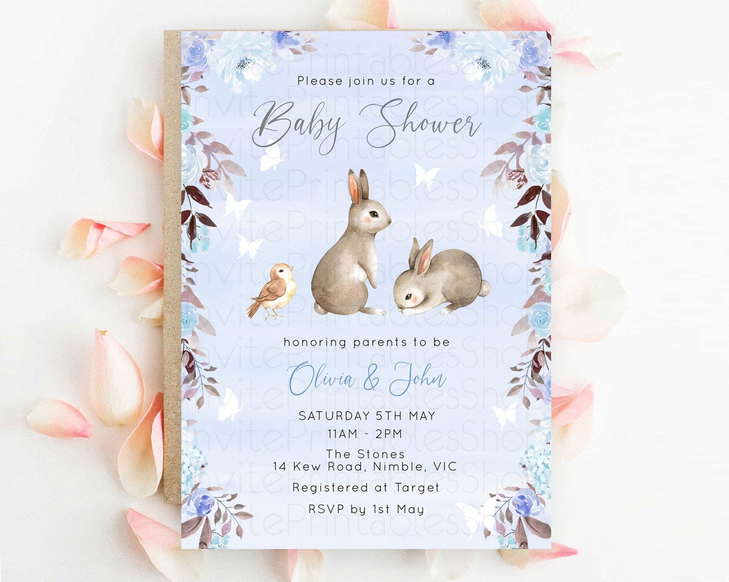 Bunny Baby Shower Invitation, Bunny Invitation, Enchanted Forest Theme, Secret Garden Pastel Blue Floral, Rabbit, Butterfly, Woodland D10923