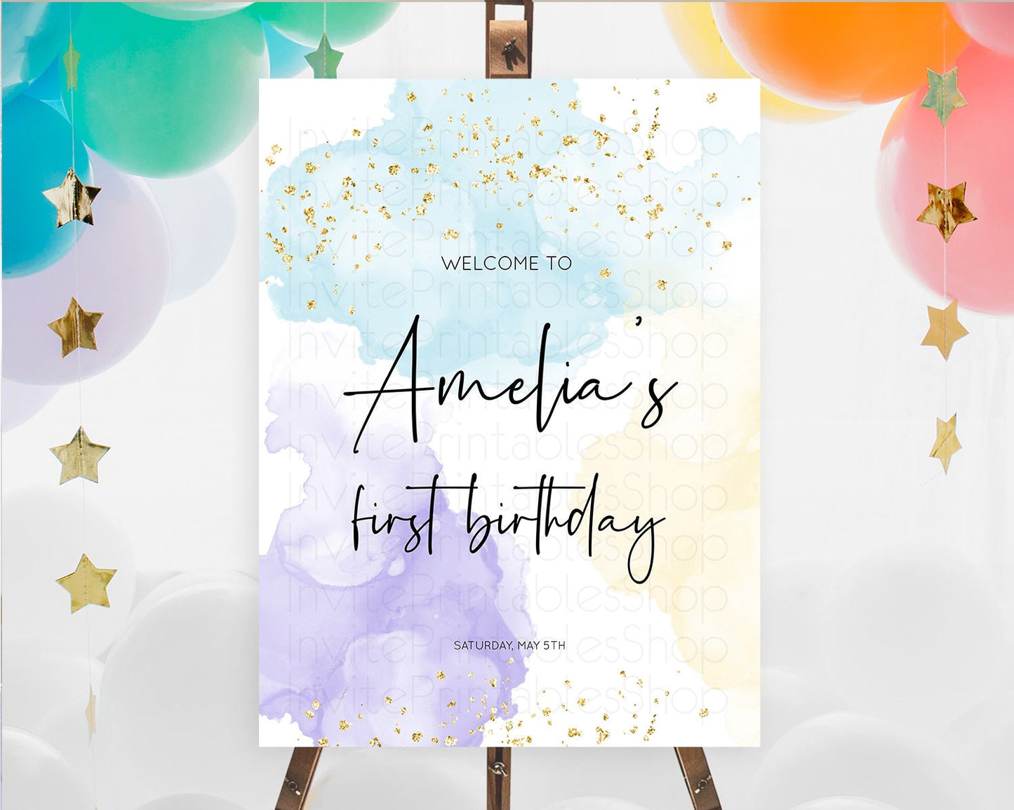 Pastel Welcome Sign Pastel Rainbow Welcome Sign Colorful Rainbow Confetti Watercolor Glitter Pastel First Birthday Welcome Sign D10208