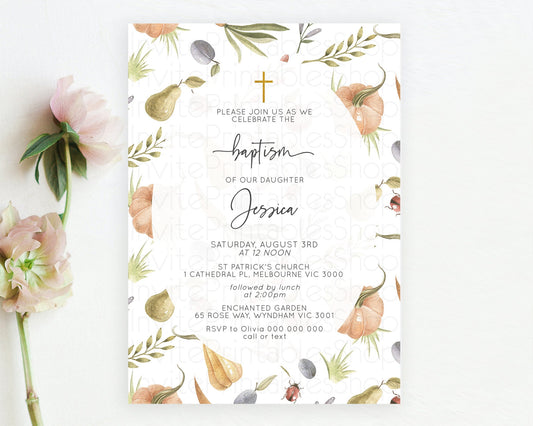Editable Pumpkin Baptism Invitation Pear Ladybug Plum Ladybug Baptism 1st Bi